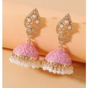Elegant Pink and Gold Jhumka Earrings